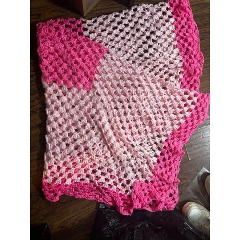 Handmade Crochet Granny Square Throw Blanket Pink Colorblock Afghan Vintage